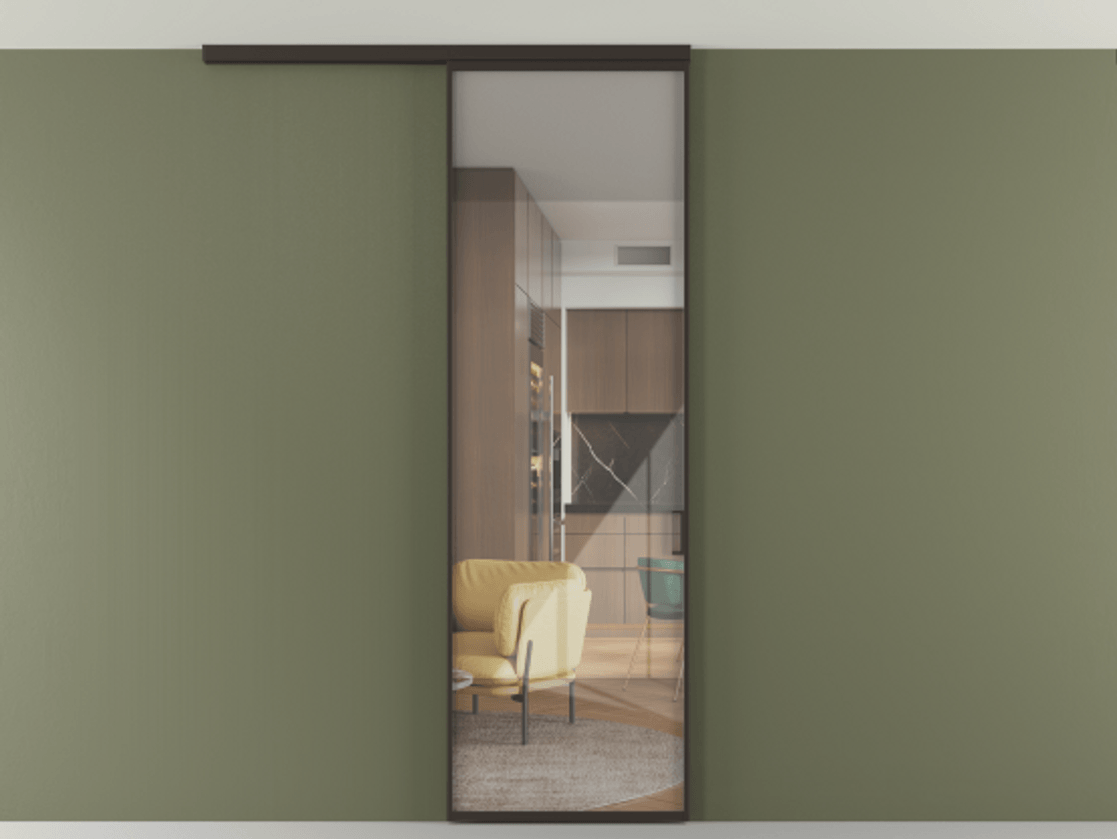 Перегородка Формато вдоль стены на потолок 1 створка АЛПР 040.01 Алюминий антрацит Рефлективное прозрачное стекло "Стопсол", калёное Цена 775928 ₸ | Volhovec