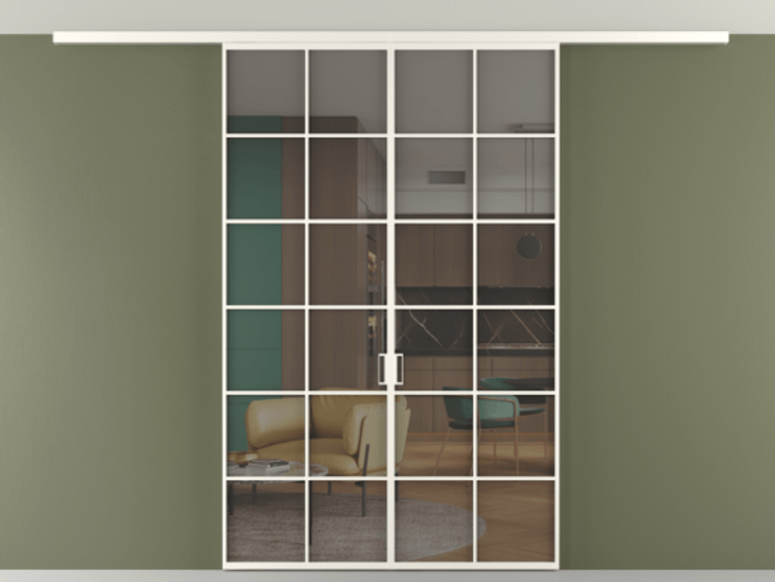 Перегородка Формато вдоль стены на потолок 2 створки АЛПР 040.05 Алюминий пудровый белый Прозрачное серое стекло, триплекс Цена 1852805 ₸ | Volhovec