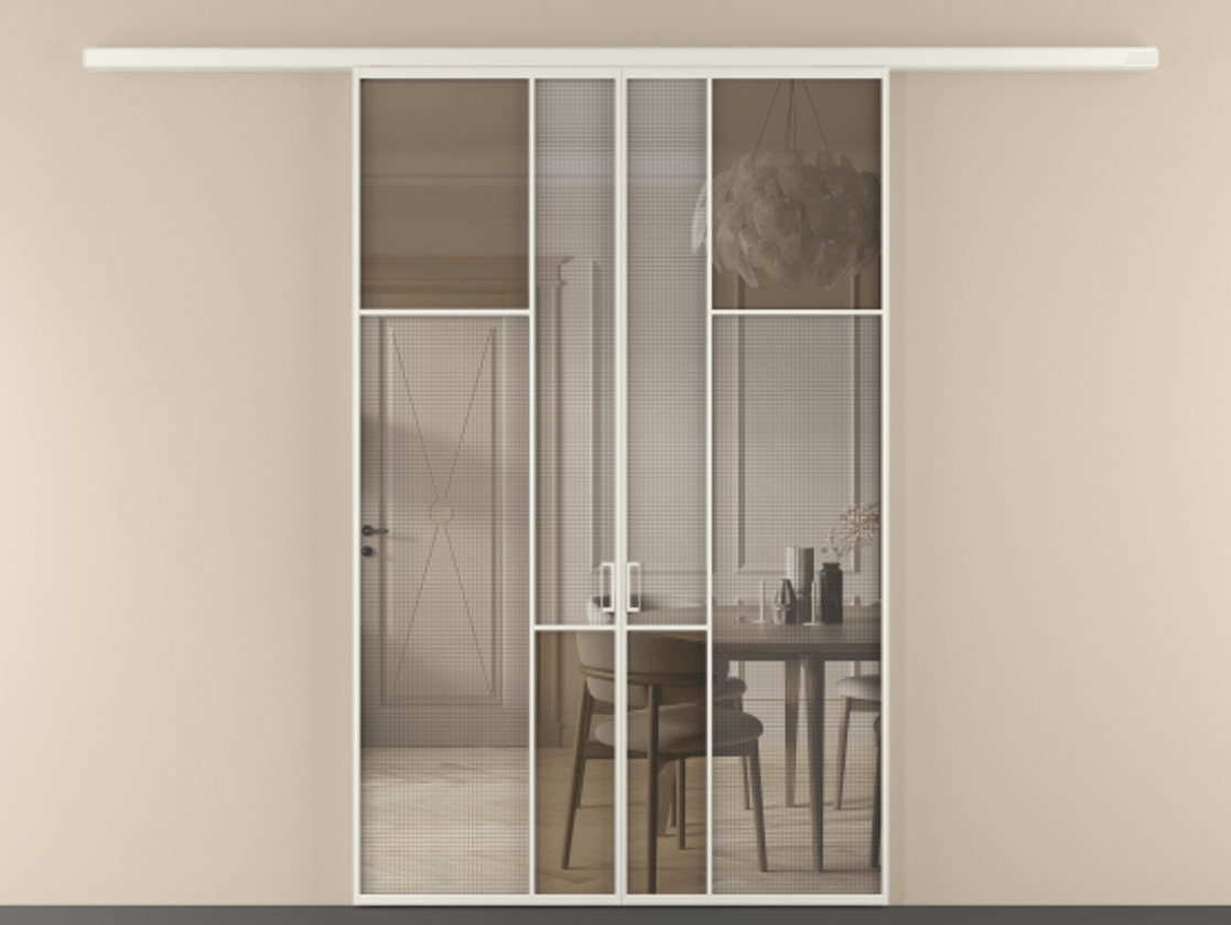 Перегородка Mosaic вдоль стены двустворчатая АЛПР 041.11 Алюминий Белый Mesh silver + Бронза прозрачное триплекс Цена 1569730 ₸ | Volhovec