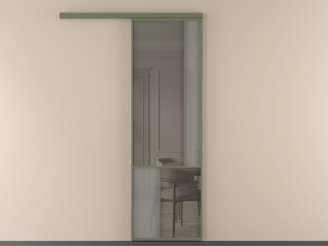 Перегородка Mosaic вдоль стены одностворчатая АЛПР 041.21 Алюминий оливковый тёмный Сатинированное серое стекло, триплекс, 6 мм + Прозрачное серое стекло, триплекс Цена 855070 ₸ | Volhovec