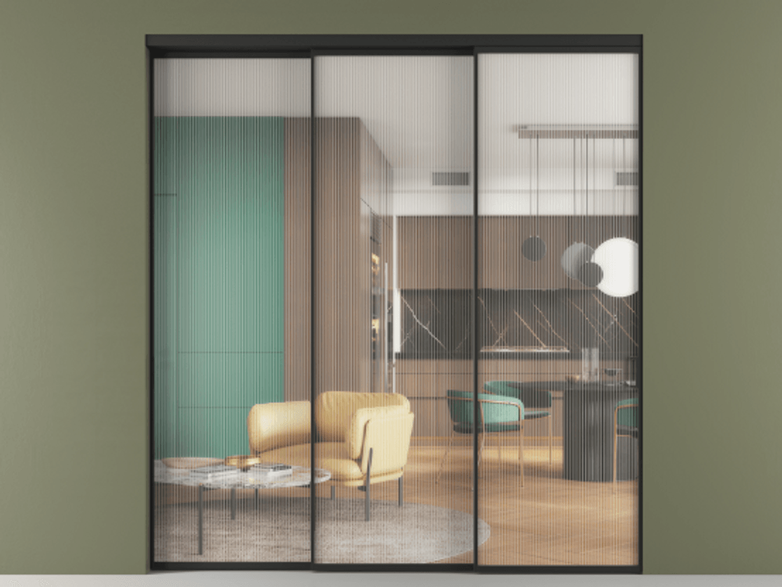 Перегородка Формато внутри проёма 3 створки с синхронным механизмом АЛПР 040.01 Алюминий Черный Рифлёное стекло "Мору", триплекс. Скрытый короб ЧЕР Цена 2872044 ₸ 1. Полотно 3 шт. (800/2100 мм)
2. Комплект установки раздвижной системы
3. Базовый комплект фурнитуры
4. Комплект фурнитуры телескопик синхро-2
5.Ручка Рондо. Фабрика дверей Волховец 8 (800) 551 43 19 Перегородка Формато внутри проёма 3 створки с синхронным механизмом АЛПР 040.01 Алюминий Черный Рифлёное стекло "Мору", триплекс Цена 2872044 ₸ | Volhovec