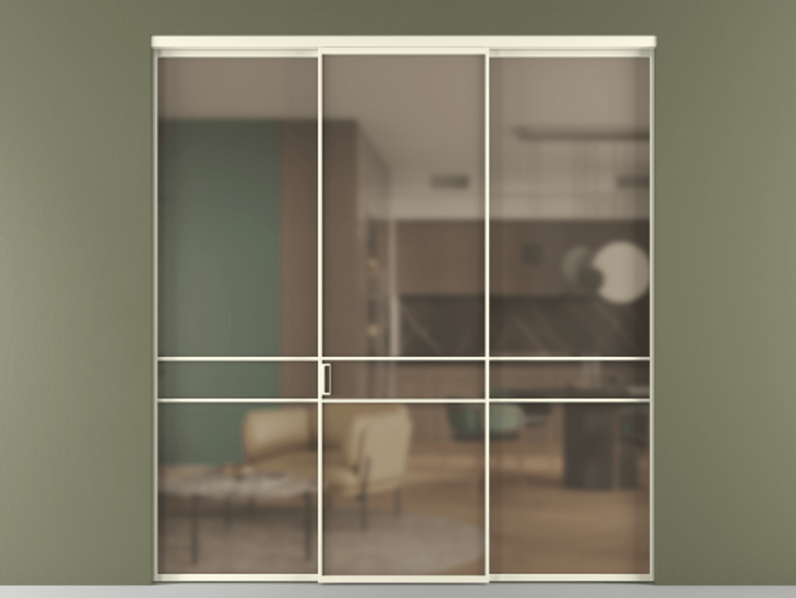 Перегородка Formato внутри проёма 3 створки АЛПР 040.02 Алюминий молочно-белый Сатинированное бронзовое стекло, триплекс Цена 1550890 ₸ | Volhovec