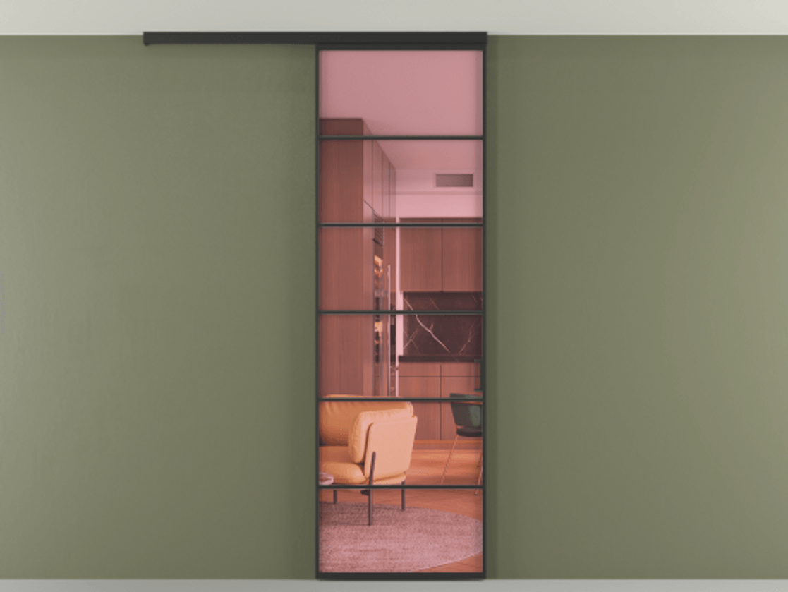 Перегородка Формато вдоль стены на потолок 1 створка АЛПР 040.04 Алюминий Черный Прозрачное розовое стекло, триплекс Цена 750651 ₸ | Volhovec