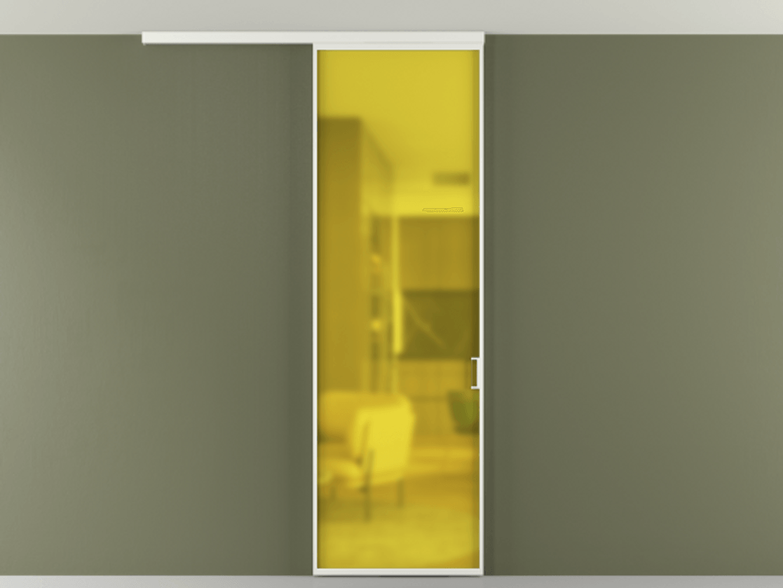 Перегородка Formato вдоль стены на потолок 1 створка АЛПР 040.01 Алюминий светло-серый Сатинированное жёлтое стекло, триплекс Цена 600500 ₸ | Volhovec