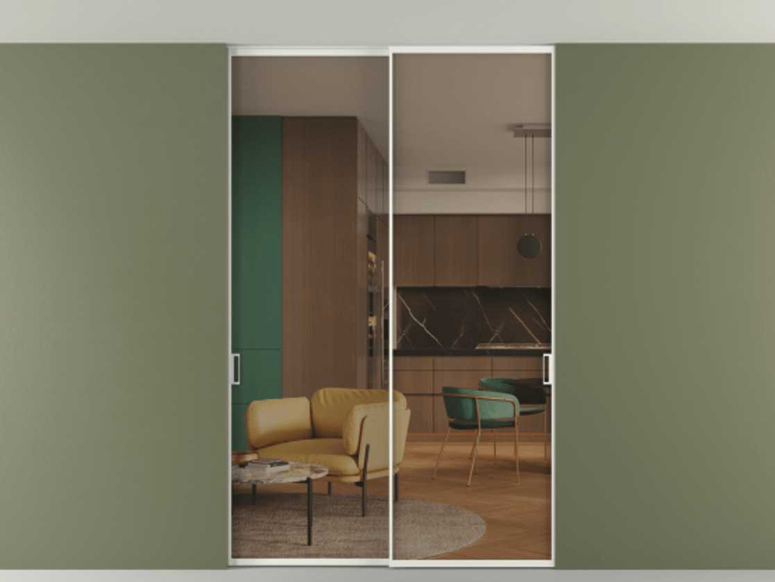 Перегородка Формато внутри проёма скрытое крепление в потолок 2 створки АЛПР 040.01 Алюминий светло-серый Прозрачное бронзовое стекло, триплекс Цена 1809146 ₸ | Volhovec