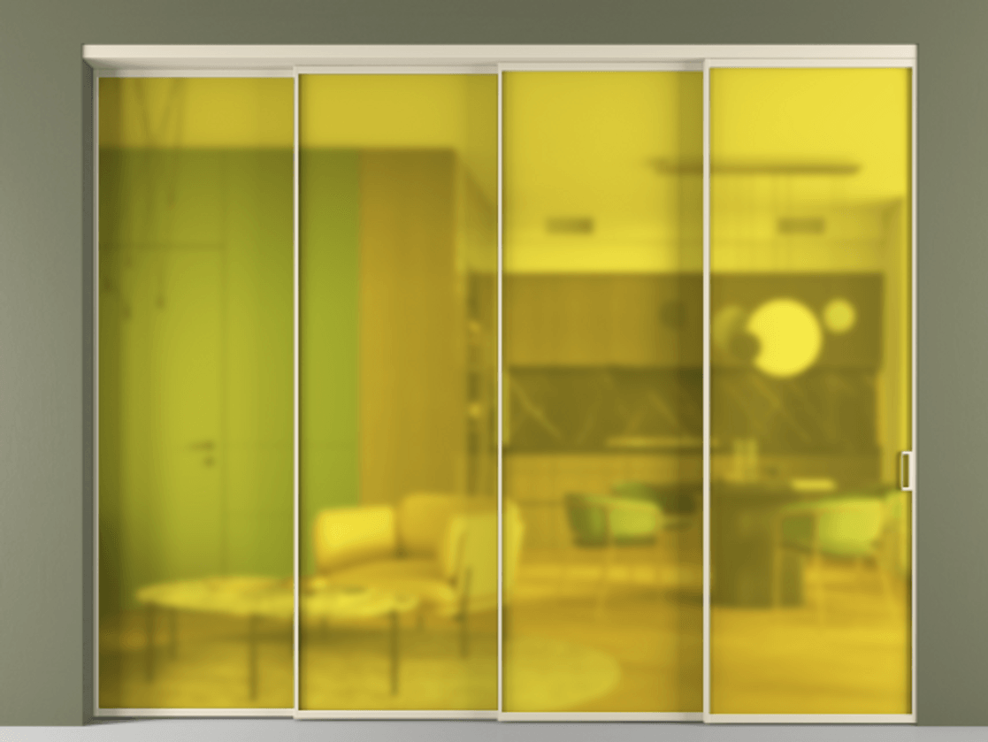 Перегородка Формато внутри проёма 4 створки с синхронным механизмом АЛПР 040.01 Алюминий бежево-серый Сатинированное жёлтое стекло, триплекс Цена 3269700 ₸ | Volhovec