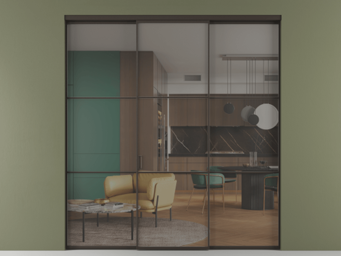 Перегородка Formato внутри проёма 3 створки АЛПР 040.03 Алюминий антрацит Прозрачное серое стекло, триплекс Цена 1793799 ₸ | Volhovec