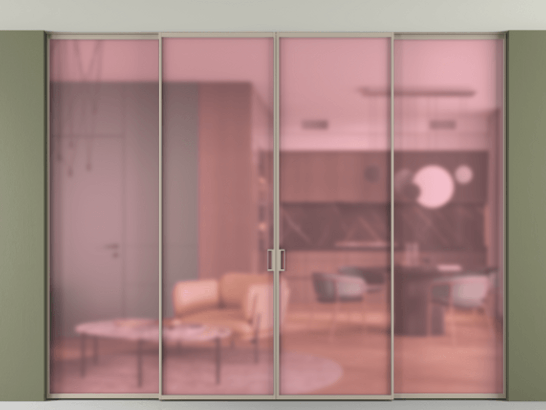 Перегородка Formato внутри проёма скрытое крепление в потолок 4 створки АЛПР 040.01 Алюминий бисквитный Сатинированное розовое стекло, триплекс Цена 2733400 ₸ | Volhovec
