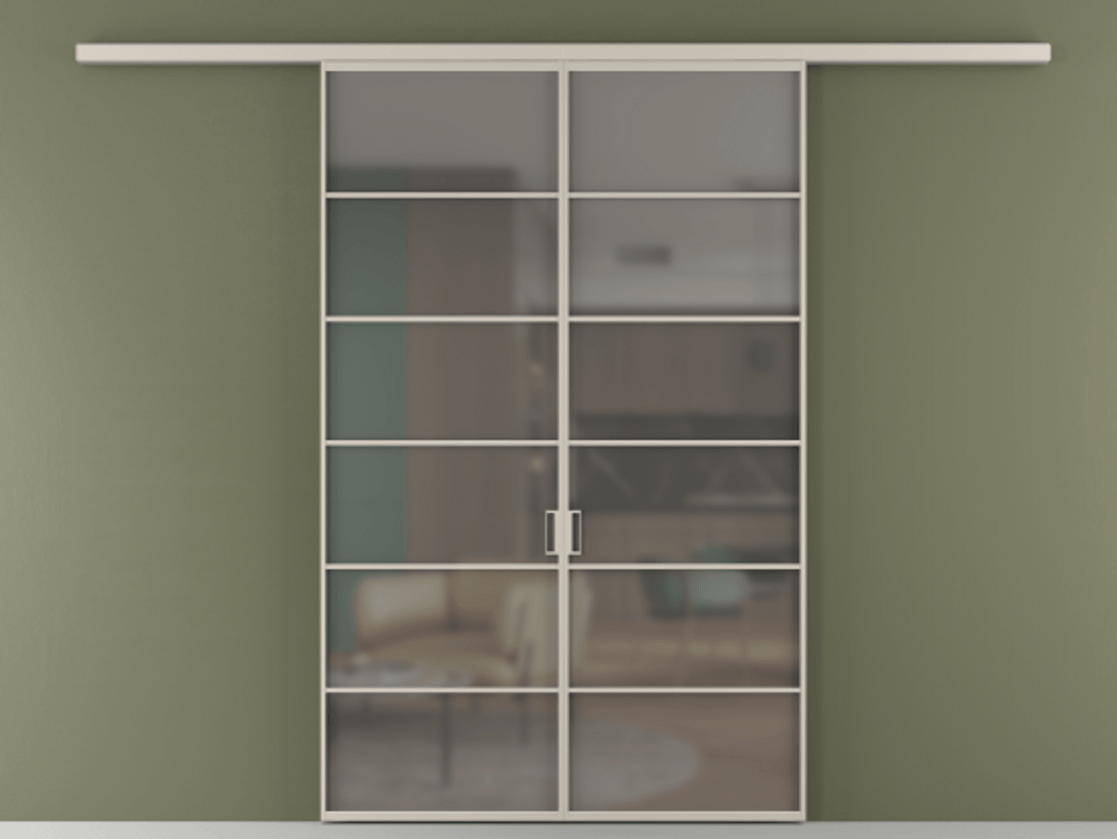 Перегородка Формато вдоль стены 2 створки АЛПР 040.04 Алюминий светло-бежевый Сатинированное серое стекло, триплекс Цена 1566054 ₸ | Volhovec