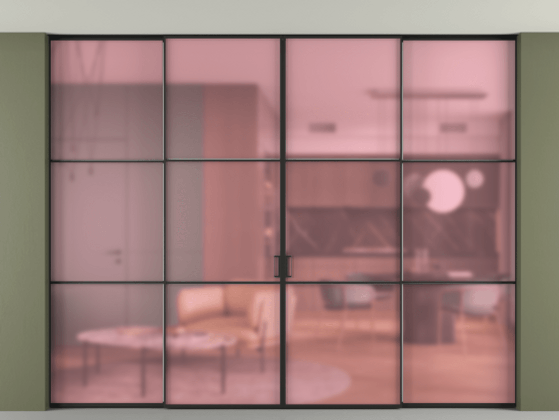 Перегородка Формато внутри проёма скрытое крепление в потолок 4 створки АЛПР 040.03 Алюминий Черный Сатинированное розовое стекло, триплекс Цена 3359513 ₸ | Volhovec