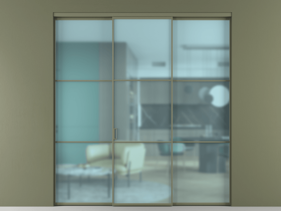 Перегородка Формато внутри проёма 3 створки АЛПР 040.03 Алюминий оливковый тёмный Сатинированное голубое стекло, триплекс Цена 1793799 ₸ | Volhovec