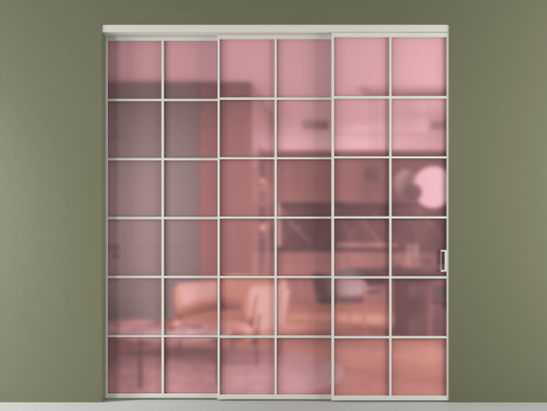 Перегородка Formato внутри проёма 3 створки с синхронным механизмом АЛПР 040.05 Алюминий тёплый серый Сатинированное розовое стекло, триплекс Цена 2577100 ₸  | Volhovec