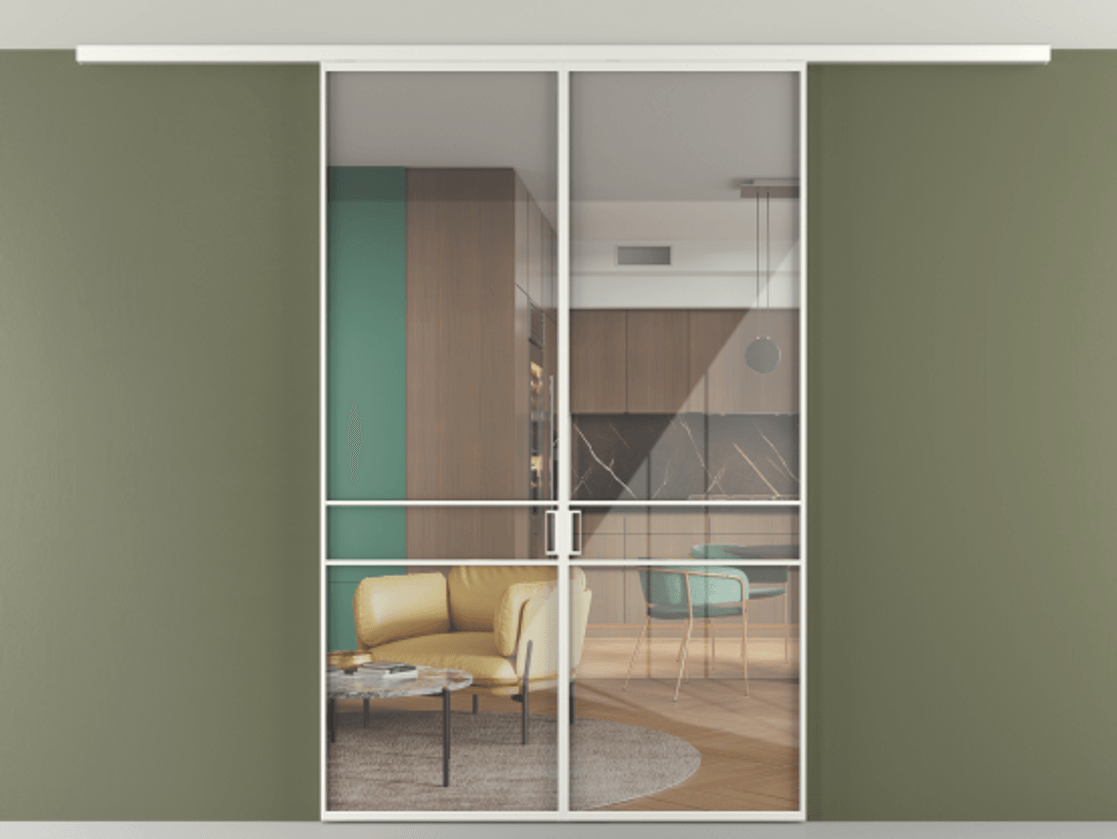 Перегородка Формато вдоль стены на потолок 2 створки АЛПР 040.02 Алюминий светло-серый Рефлективное прозрачное стекло "Стопсол", калёное Цена 1844035 ₸ | Volhovec