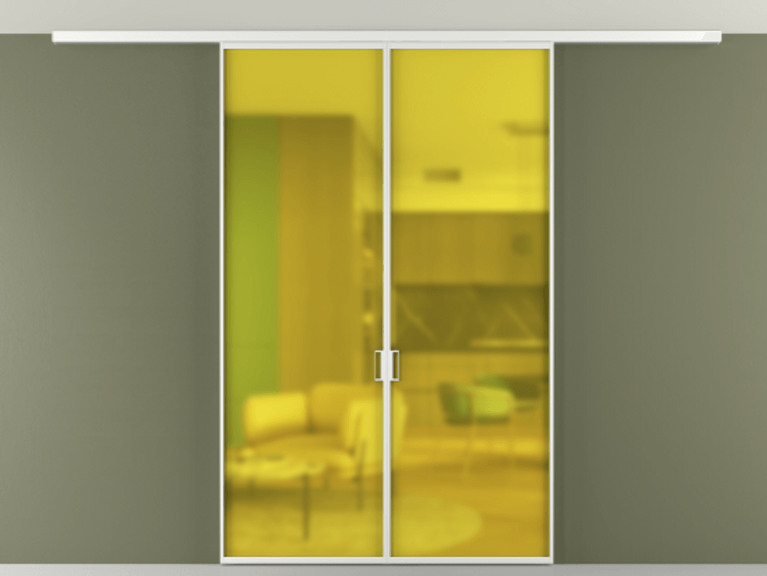 Перегородка Formato вдоль стены на потолок 2 створки АЛПР 040.01 Алюминий белоснежный Сатинированное жёлтое стекло, триплекс Цена 1156700 ₸ | Volhovec