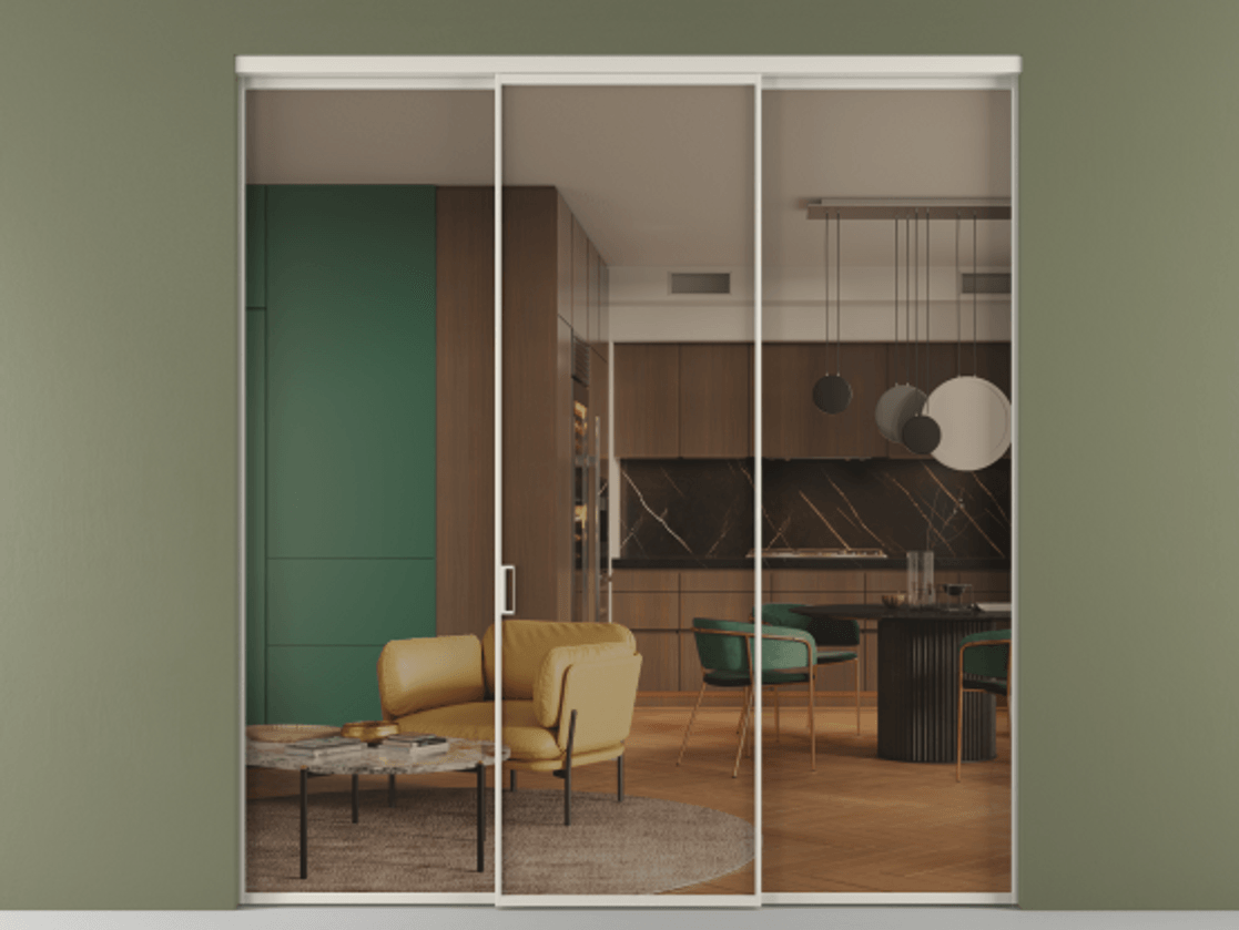 Перегородка Formato внутри проёма 3 створки АЛПР 040.01 Алюминий облачно-серый Прозрачное бронзовое стекло, триплекс Цена 1470020 ₸ | Volhovec