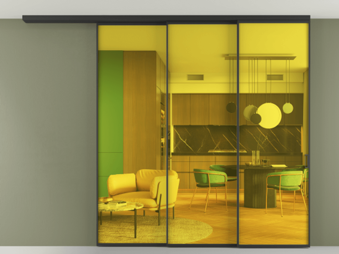 Перегородка Formato вдоль стены на потолок 3 створки с синхронным механизмом АЛПР 040.01 Алюминий Черный Прозрачное жёлтое стекло, триплекс Цена 2269100 ₸ | Volhovec