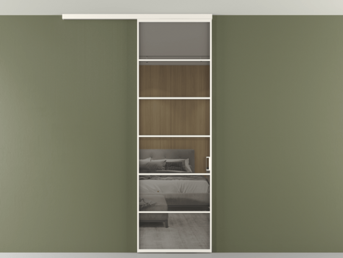 Перегородка Formato вдоль стены на потолок 1 створка АЛПР 040.04 Алюминий пудровый белый Рефлективное серое стекло "Стопсол", калёное Цена 1013720 ₸ | Volhovec