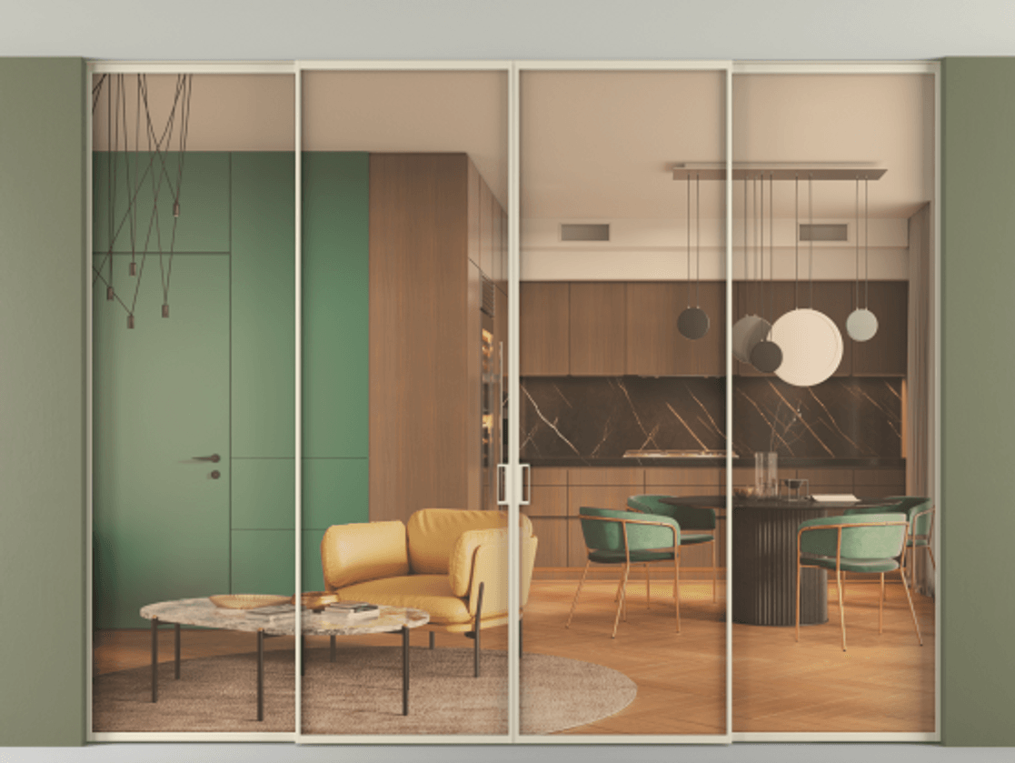 Перегородка Formato внутри проёма скрытое крепление в потолок 4 створки АЛПР 040.01 Алюминий бежево-серый Прозрачное оранжевое стекло, триплекс Цена 3116100 ₸ | Volhovec