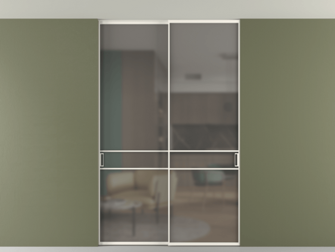 Перегородка Формато внутри проёма скрытое крепление в потолок 2 створки АЛПР 040.02 Алюминий пудровый белый Сатинированное серое стекло, триплекс Цена 1876505 ₸ | Volhovec