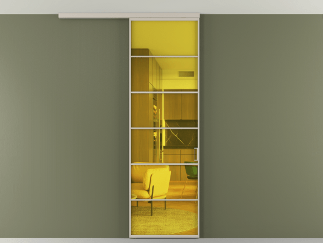 Перегородка Формато вдоль стены на потолок 1 створка АЛПР 040.04 Алюминий светло-бежевый Прозрачное жёлтое стекло, триплекс Цена 780891 ₸ | Volhovec