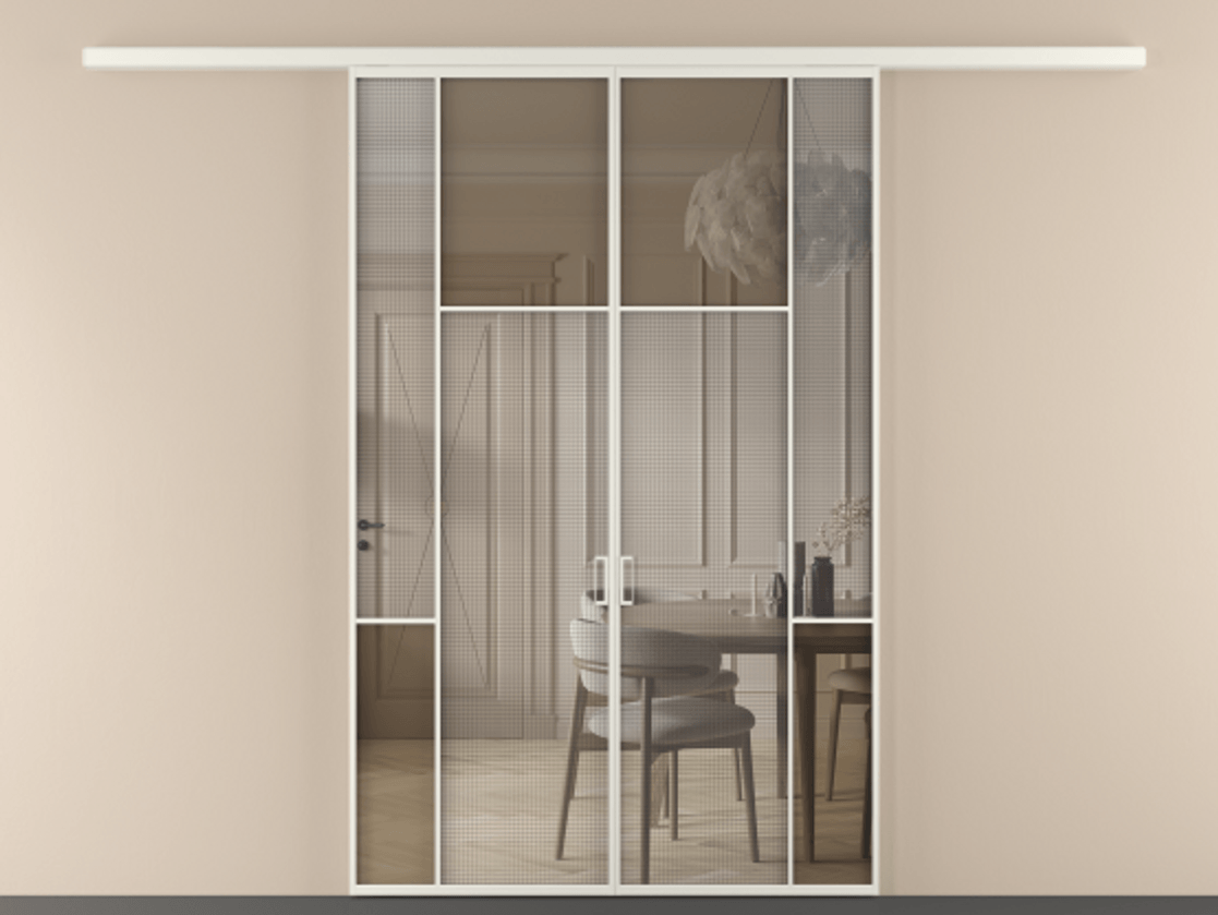 Перегородка Mosaic вдоль стены двустворчатая АЛПР 041.10 Алюминий Белый Mesh silver + Бронза прозрачное триплекс Цена 1569730 ₸ | Volhovec