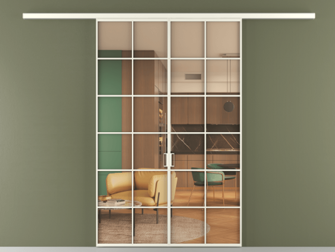 Перегородка Formato вдоль стены 2 створки АЛПР 040.05 Алюминий жемчужный Прозрачное оранжевое стекло, триплекс Цена 1344300 ₸ | Volhovec