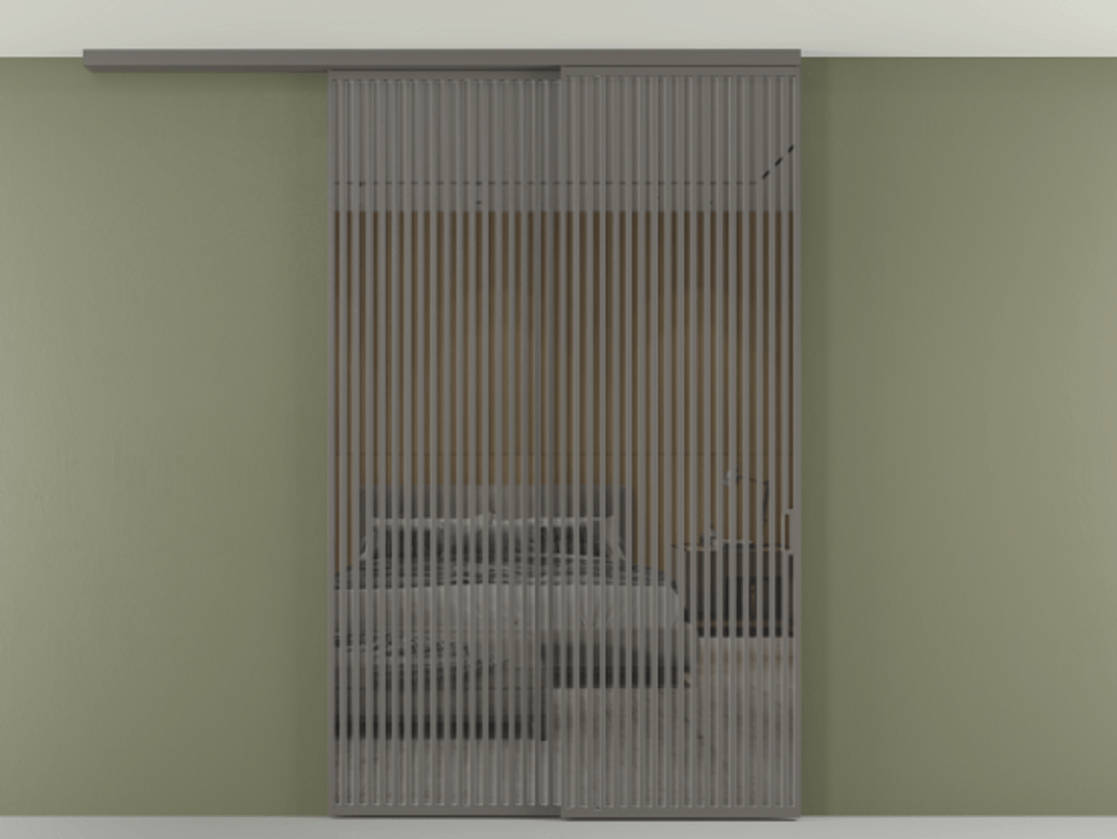 Перегородка Формато вдоль стены на потолок 2 створки с синхронным механизмом АЛПР 040.06 Алюминий классический серый Рефлективное серое стекло "Стопсол", калёное Цена 3502215 ₸ | Volhovec