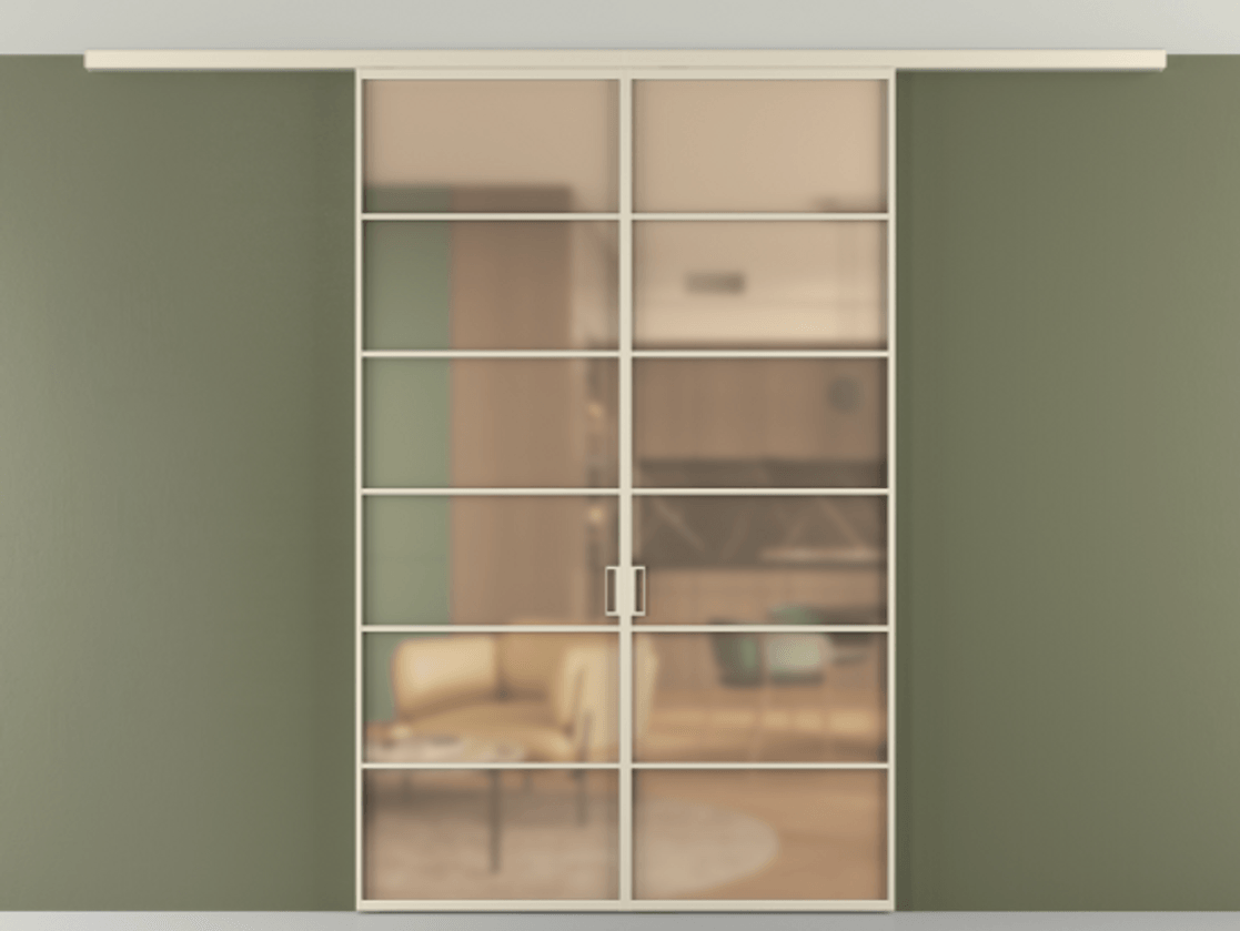 Межкомнатная дверь New Перегородка Formato вдоль стены на потолок двустворчатая АЛПР 040.04 Алюминий бежево-серый Сатинированное оранжевое стекло, триплекс Цена 1529300  | Volhovec