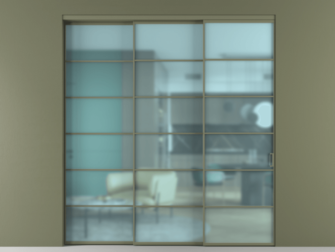 Перегородка Formato внутри проёма 3 створки с синхронным механизмом АЛПР 040.04 Алюминий оливковый тёмный Сатинированное голубое стекло, триплекс Цена 2266700 ₸  | Volhovec