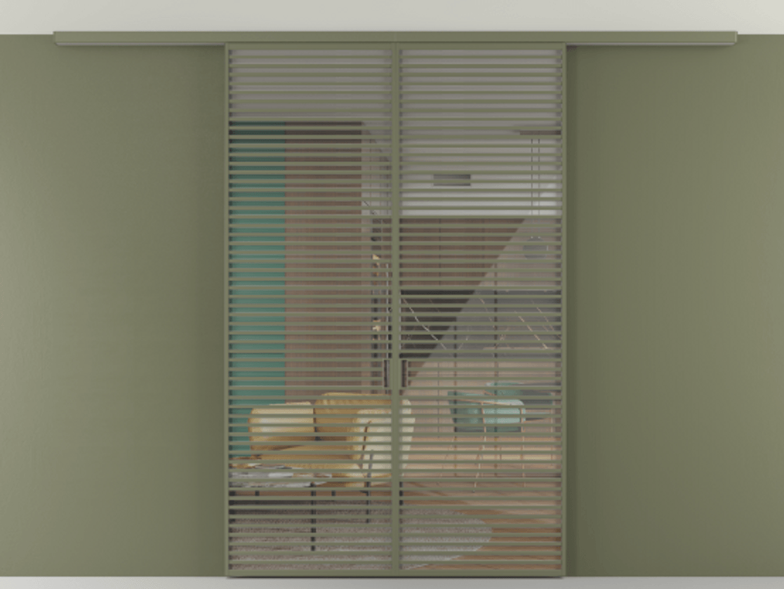 Перегородка Формато вдоль стены на потолок 2 створки АЛПР 040.07 Алюминий оливковый тёмный Рефлективное прозрачное стекло "Стопсол", калёное Цена 2873979 ₸ | Volhovec