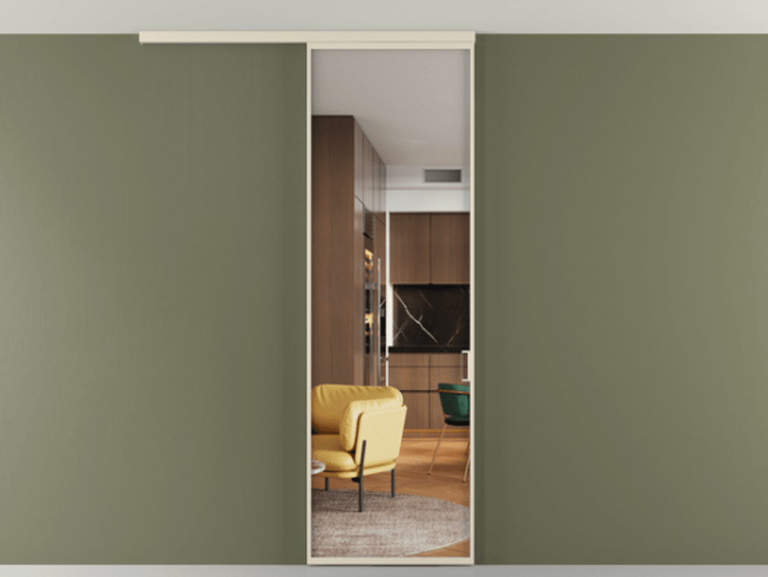 Перегородка Формато вдоль стены на потолок 1 створка АЛПР 040.01 Алюминий бежево-серый Прозрачное стекло "Кристал Вижн", калёное Цена 903949 ₸ | Volhovec