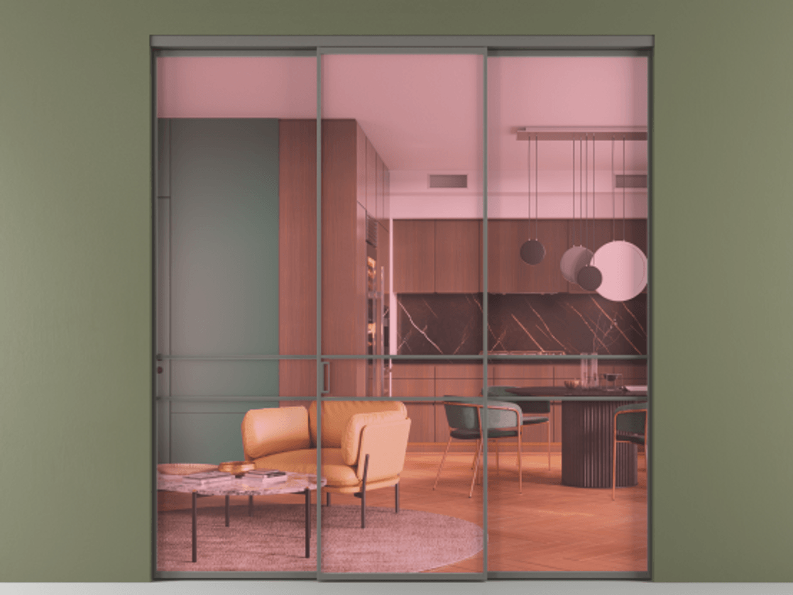 Перегородка Formato внутри проёма 3 створки АЛПР 040.02 Алюминий классический серый Прозрачное розовое стекло, триплекс Цена 1550900 ₸ | Volhovec