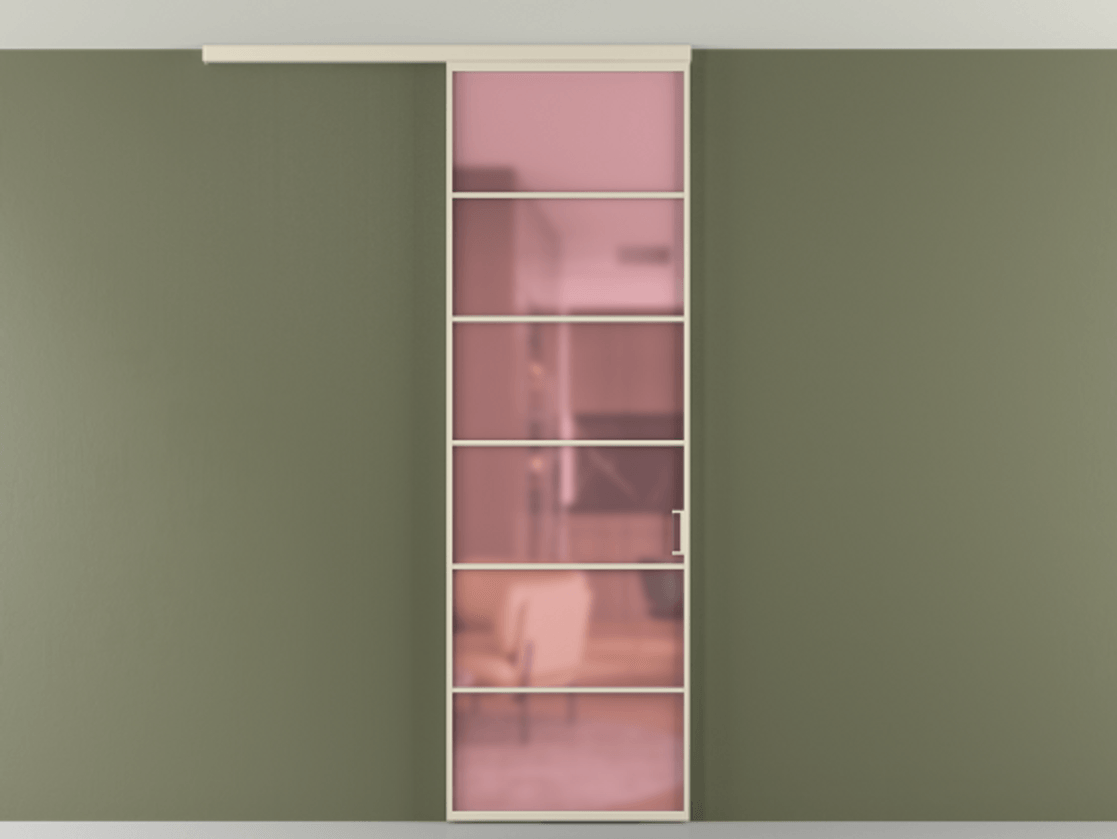 Перегородка Formato вдоль стены на потолок 1 створка АЛПР 040.04 Алюминий бежево-серый Сатинированное розовое стекло, триплекс Цена 786800 ₸ | Volhovec