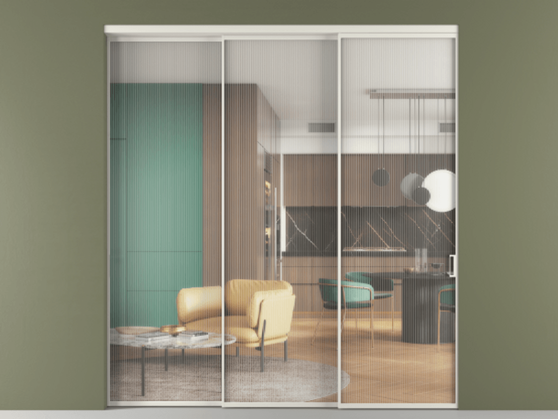 Перегородка Formato внутри проёма телескопик синхро 2 АЛПР 040.01 Алюминий Белый Рифлёное стекло "Moru", триплекс, 8 мм Цена 2243280 ₸  | Volhovec