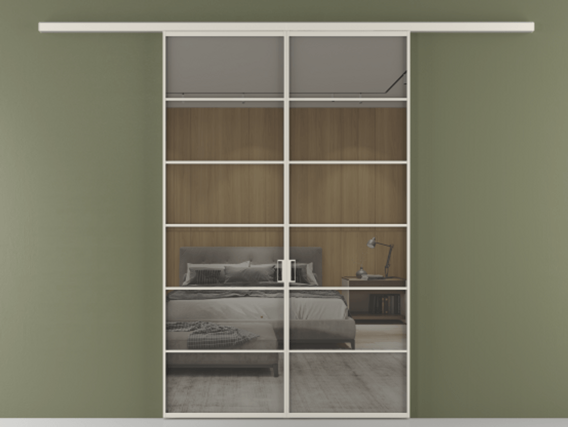 Перегородка Формато вдоль стены 2 створки АЛПР 040.04 Алюминий облачно-серый Рефлективное серое стекло "Стопсол", калёное Цена 2000376 ₸ | Volhovec