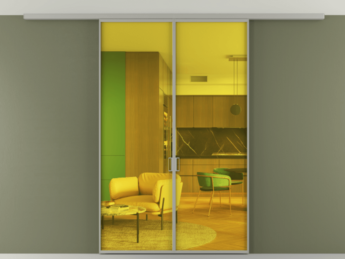 Перегородка Formato вдоль стены на потолок 2 створки АЛПР 040.01 Алюминий нейтральный серый Прозрачное жёлтое стекло, триплекс Цена 1156700 ₸ | Volhovec