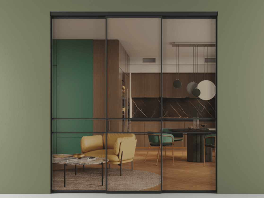 Перегородка Формато внутри проёма 3 створки АЛПР 040.02 Алюминий Черный Прозрачное бронзовое стекло, триплекс Цена 1723491 ₸ | Volhovec