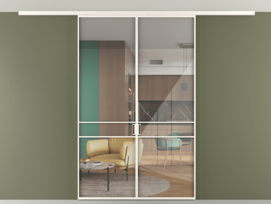 Перегородка Формато вдоль стены на потолок 2 створки АЛПР 040.02 Алюминий пудровый белый Рефлективное прозрачное стекло "Стопсол", калёное Цена 1844035 ₸ | Volhovec