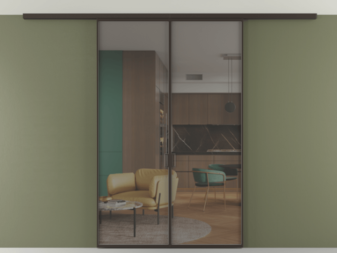 Перегородка Формато вдоль стены на потолок 2 створки АЛПР 040.01 Алюминий антрацит Прозрачное серое стекло, триплекс Цена 1343450 ₸ | Volhovec