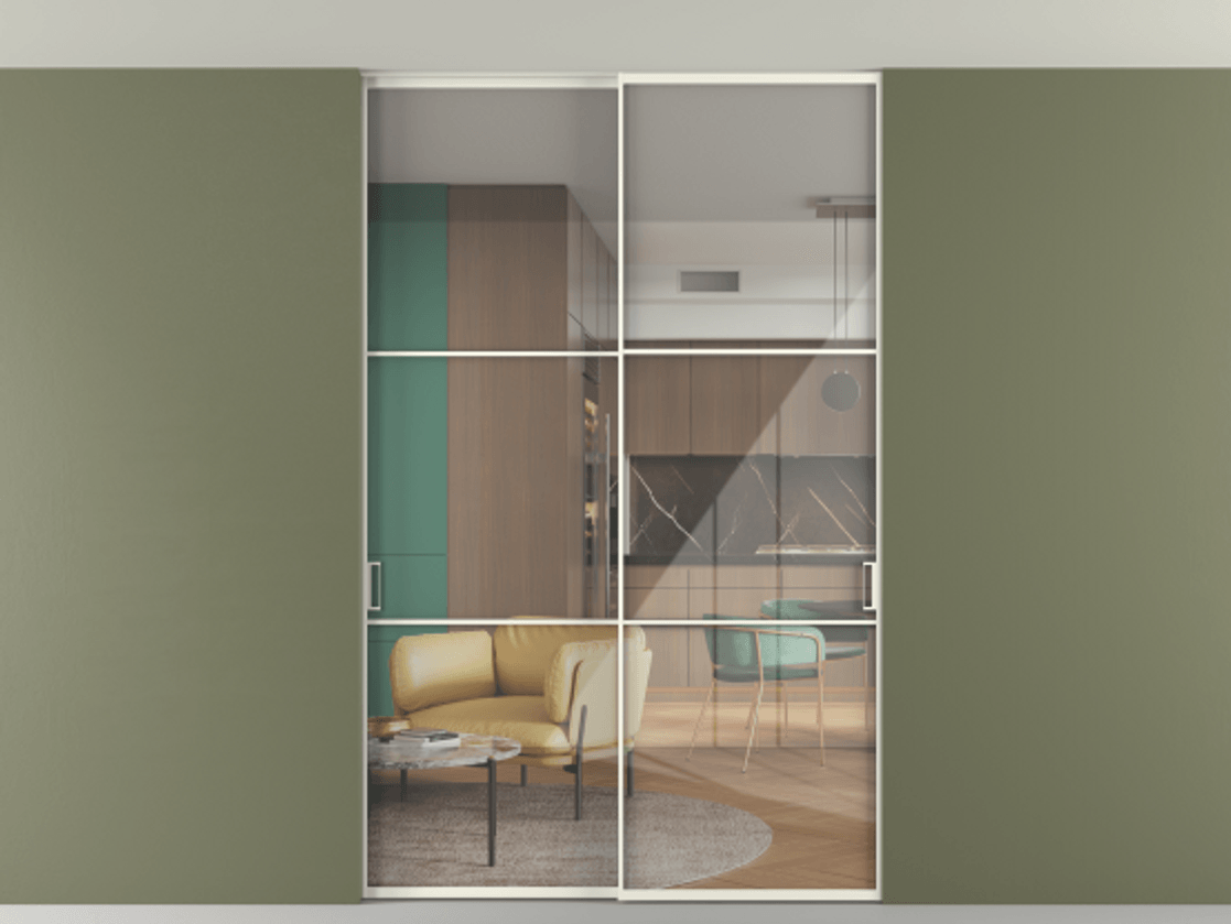 Перегородка Формато внутри проёма скрытое крепление в потолок 2 створки АЛПР 040.03 Алюминий жемчужный Рефлективное прозрачное стекло "Стопсол", калёное Цена 2309731 ₸ | Volhovec