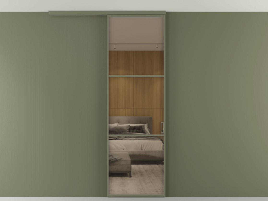 Перегородка Формато вдоль стены на потолок 1 створка АЛПР 040.03 Алюминий оливковый тёмный Рефлективное бронзовое стекло "Стопсол", калёное Цена 948856 ₸ | Volhovec