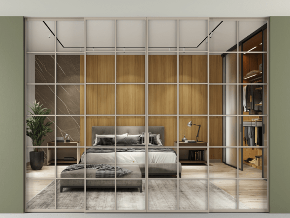 Перегородка Формато внутри проёма скрытое крепление в потолок 4 створки АЛПР 040.05 Алюминий бисквитный Двустороннее зеркало, триплекс , триплекс 6 мм Цена 3662880 ₸ | Volhovec