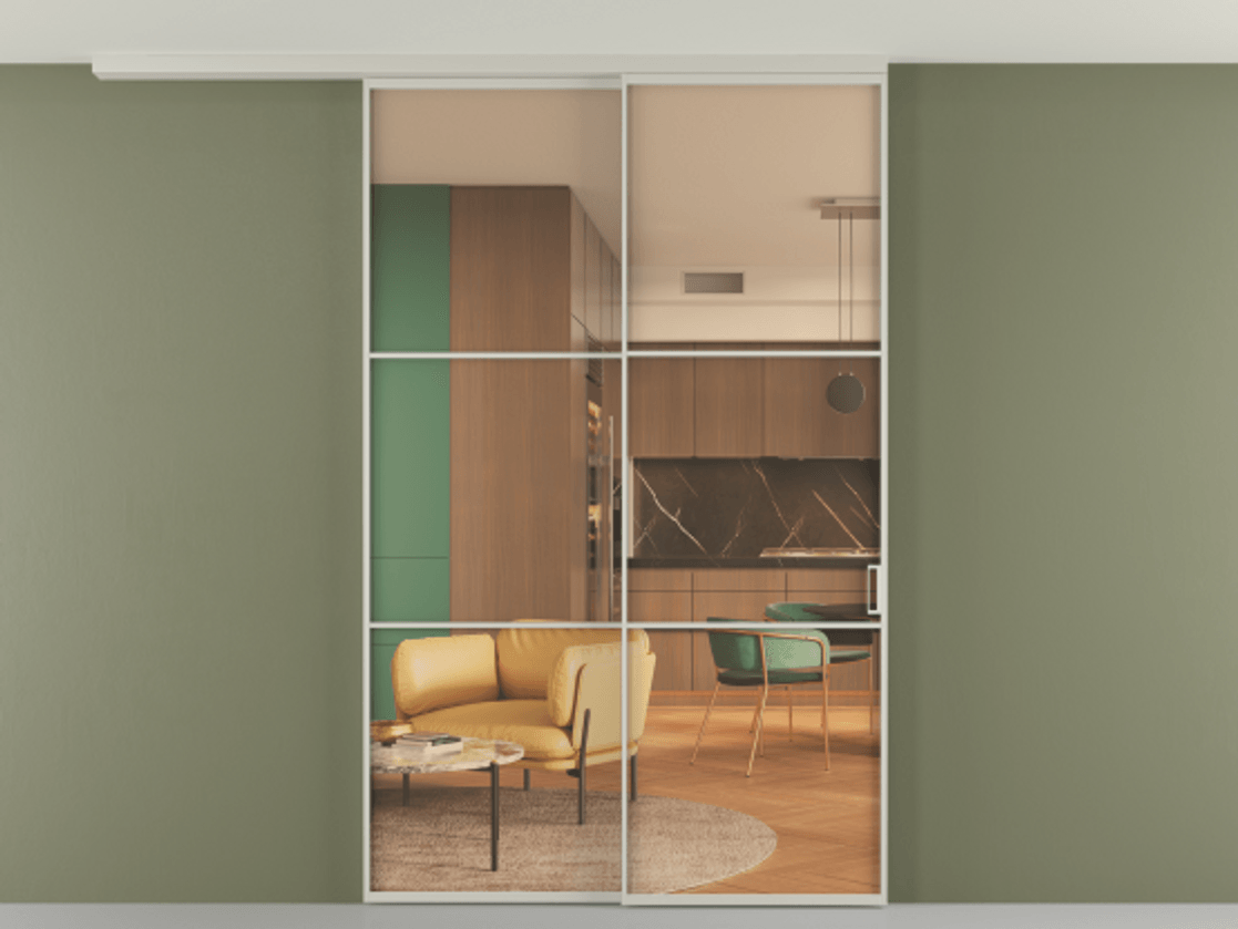 Перегородка Formato вдоль стены на потолок 2 створки с синхронным механизмом АЛПР 040.03 Алюминий тёплый серый Прозрачное оранжевое стекло, триплекс Цена 1734600 ₸ | Volhovec