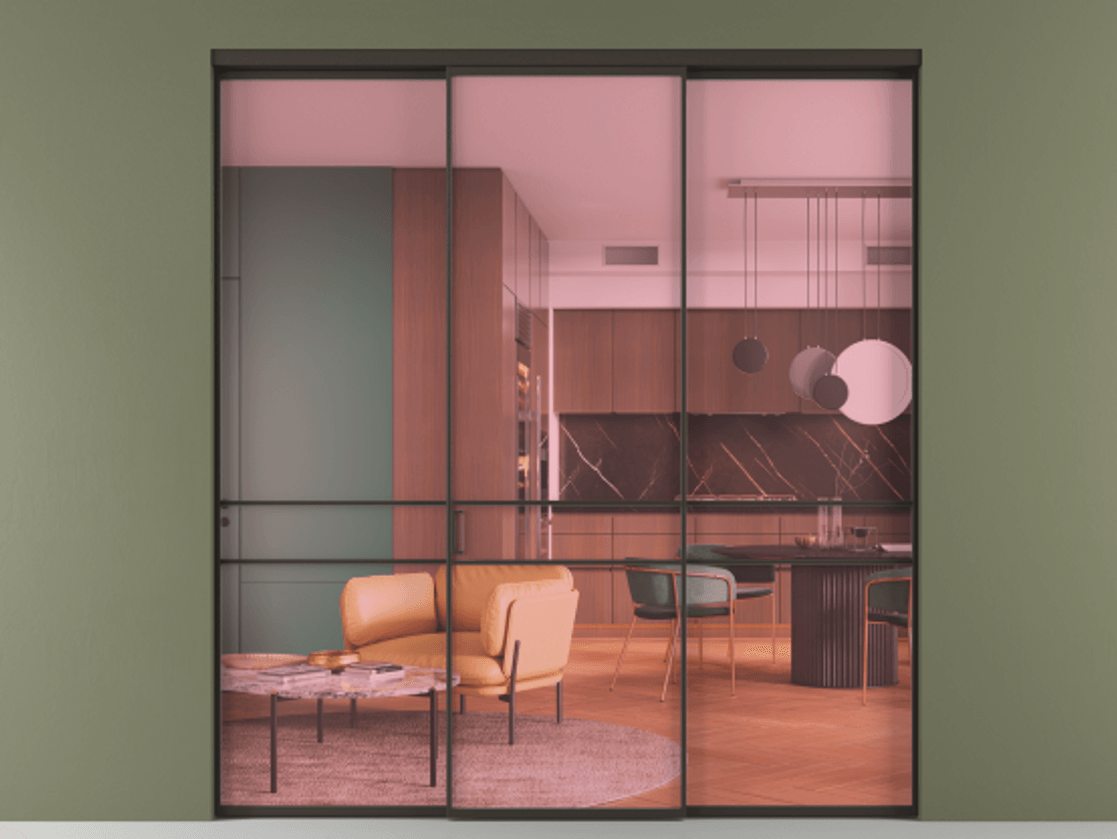 Перегородка Formato внутри проёма 3 створки АЛПР 040.02 Алюминий антрацит Прозрачное розовое стекло, триплекс Цена 1793799 ₸ | Volhovec