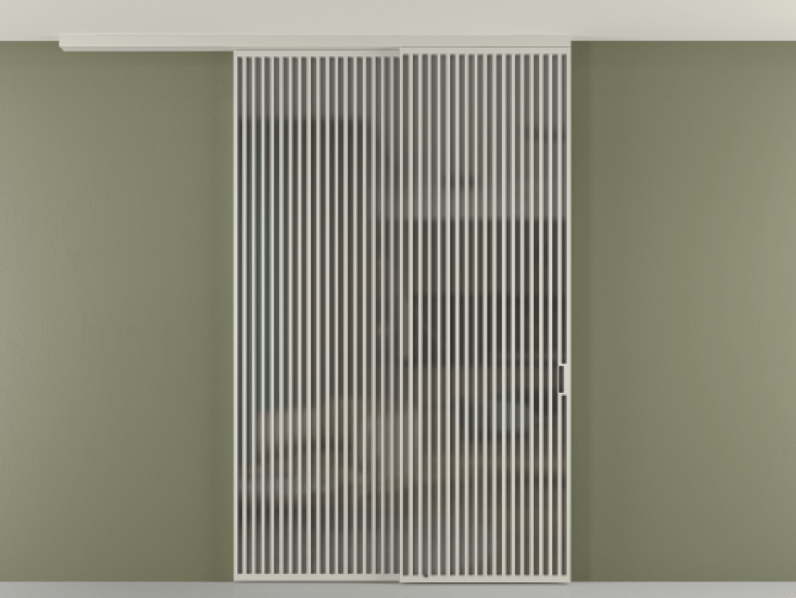 Перегородка Формато вдоль стены на потолок 2 створки с синхронным механизмом АЛПР 040.06 Алюминий тёплый серый Сатинированное серое стекло, триплекс Цена 3981247 ₸ | Volhovec