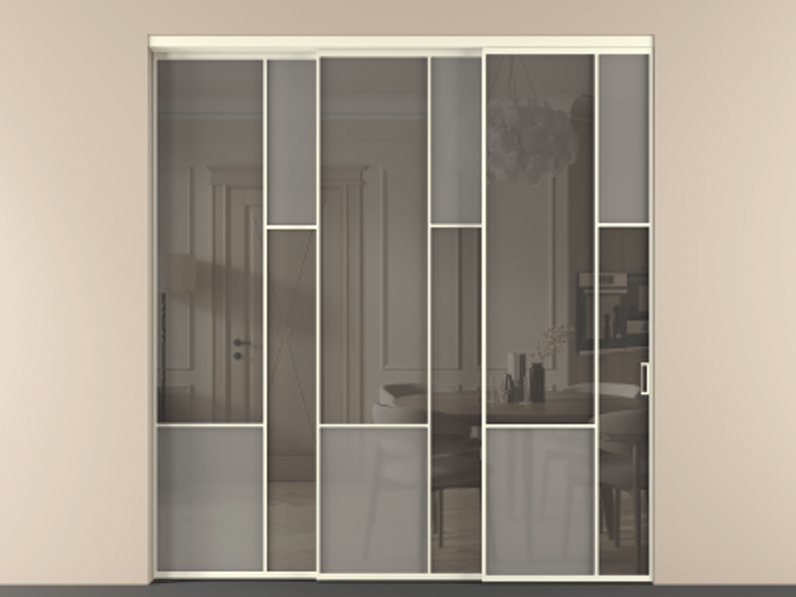 Перегородка Мозаик внутри проёма 3 створки с синхронным механизмом АЛПР 041.12 Алюминий молочно-белый Сатинированное серое стекло, триплекс, 6 мм + Прозрачное серое стекло, триплекс Цена 3306668 ₸ | Volhovec