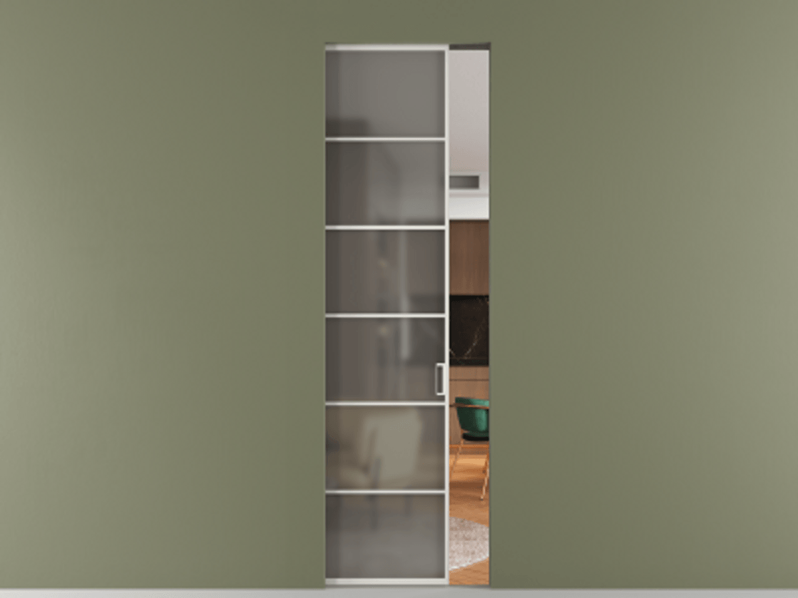 Перегородка Formato скрытый пенал 1 створка АЛПР 040.04 Алюминий Белый Сатинированное серое стекло, триплекс Цена 1087000 ₸ | Volhovec