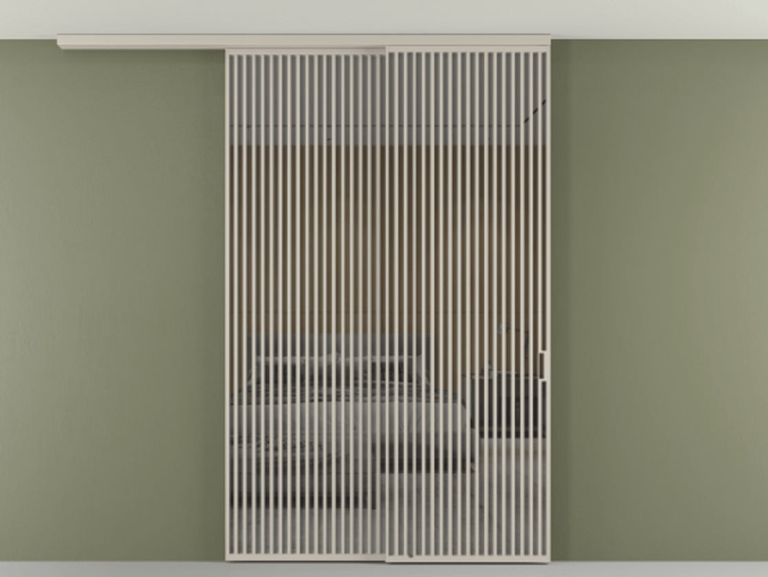 Перегородка Формато вдоль стены на потолок 2 створки с синхронным механизмом АЛПР 040.06 Алюминий светло-бежевый Рефлективное серое стекло "Стопсол", калёное Цена 3502215 ₸ | Volhovec