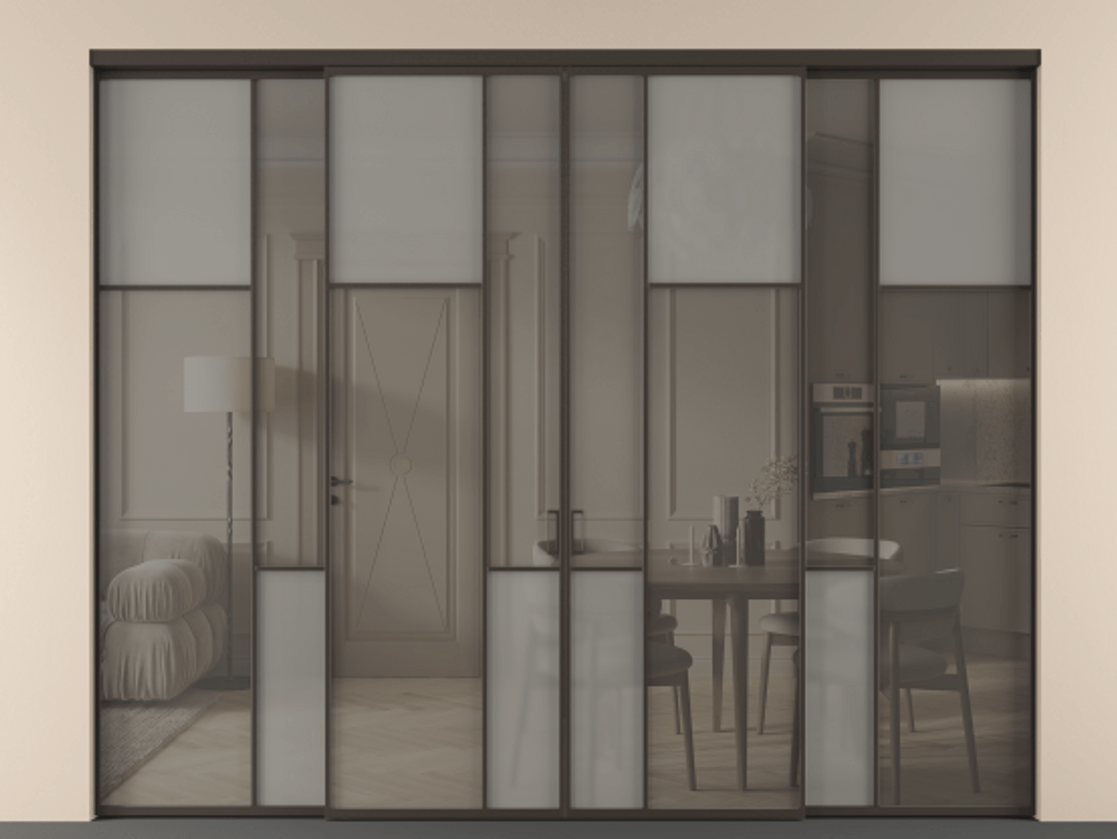 Перегородка Мозаик внутри проёма 4 створки АЛПР 041.11 Алюминий антрацит Сатинированное серое стекло, триплекс, 6 мм + Прозрачное серое стекло, триплекс Цена 3484555 ₸ | Volhovec