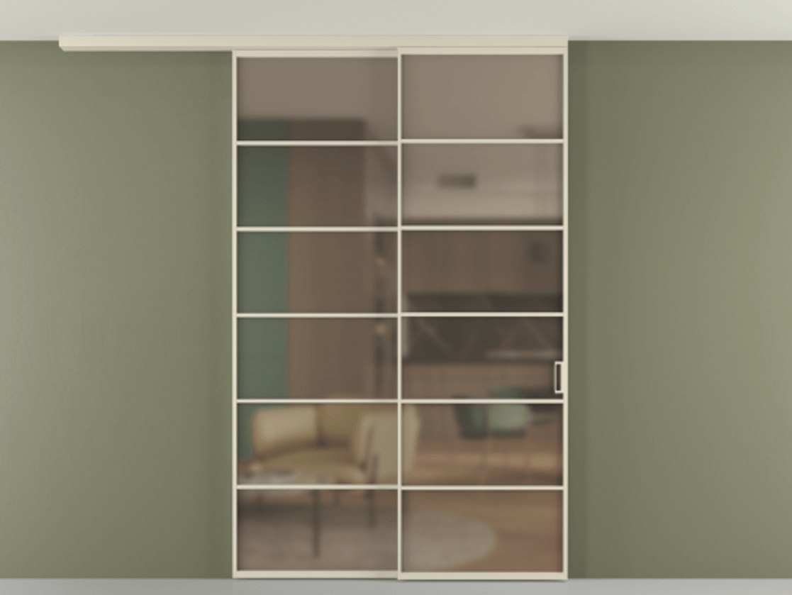 Перегородка Формато вдоль стены на потолок 2 створки с синхронным механизмом АЛПР 040.04 Алюминий бежево-серый Сатинированное бронзовое стекло, триплекс Цена 2481041 ₸ | Volhovec